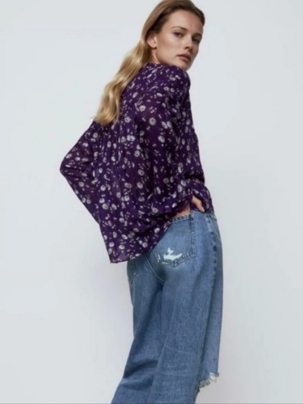 Zara Purple Floral Oversized Long-Sleeve Blouse